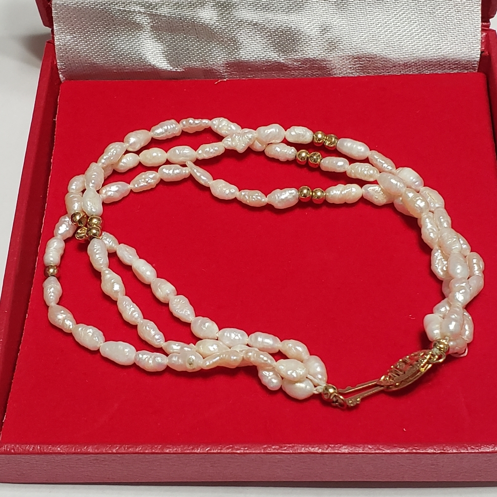 14 K Three Strand Fresh Water Pearls